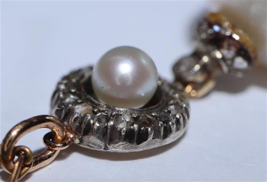 A yellow metal, rose cut diamond and cultured pearl set drop pendant, on a yellow metal chain, pendant approx. 28mm.